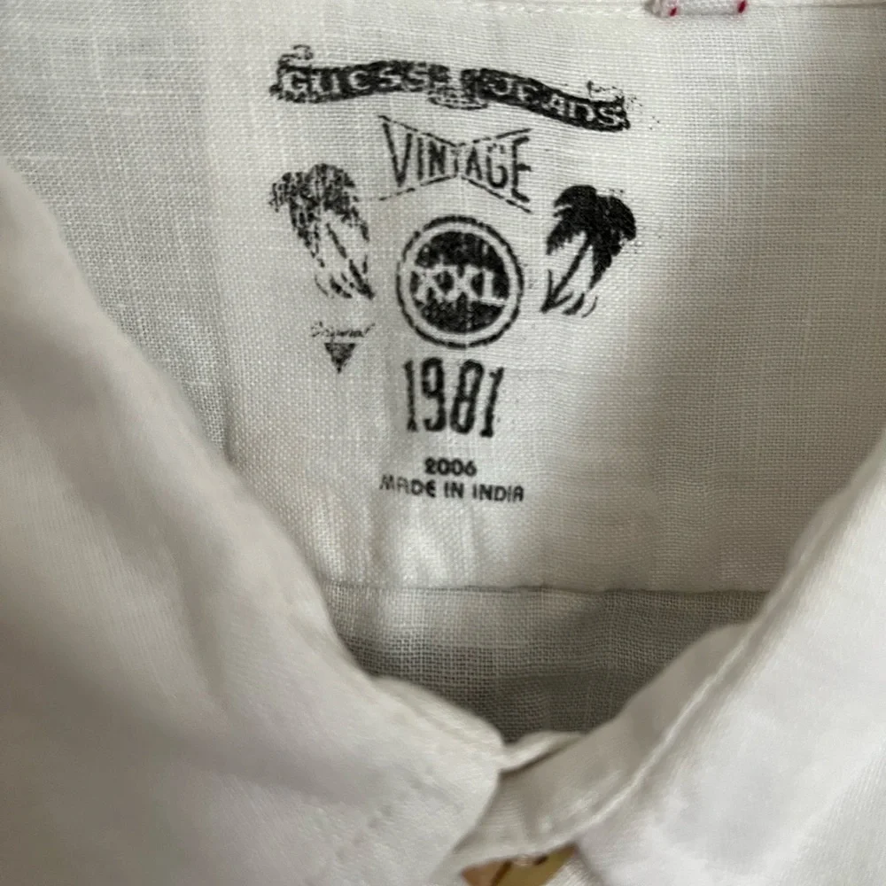 Guess Jeans Vintage Y2K White 100% Linen Shirt Coastal Beach Vacation Groom